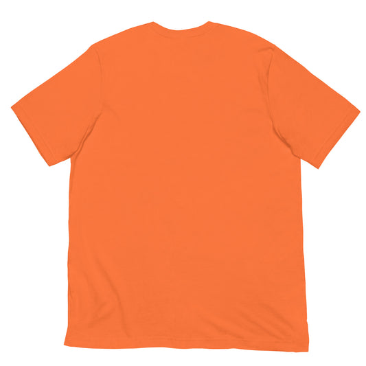 Close-up view of the Camp Half-Blood logo printed on the orange cotton t-shirt