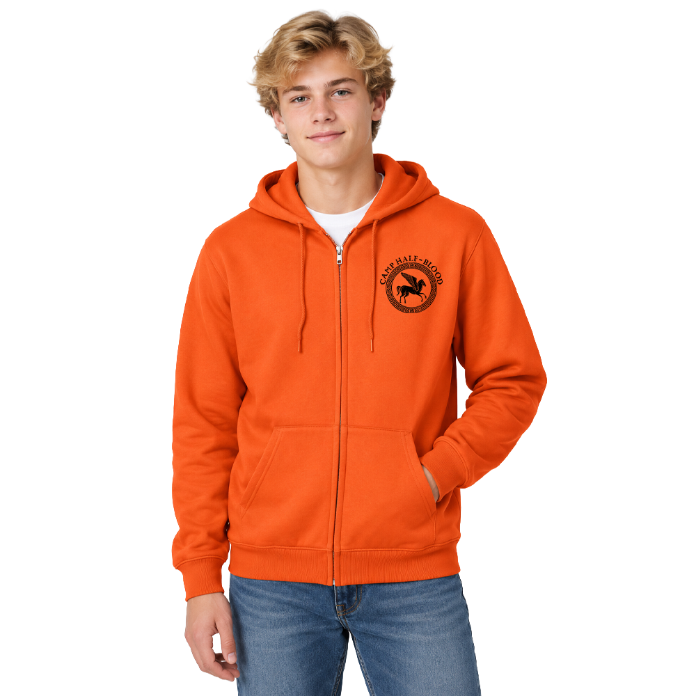Close-up of the metal zipper and dyed-to-match drawcords on the Camp Half Blood hoodie