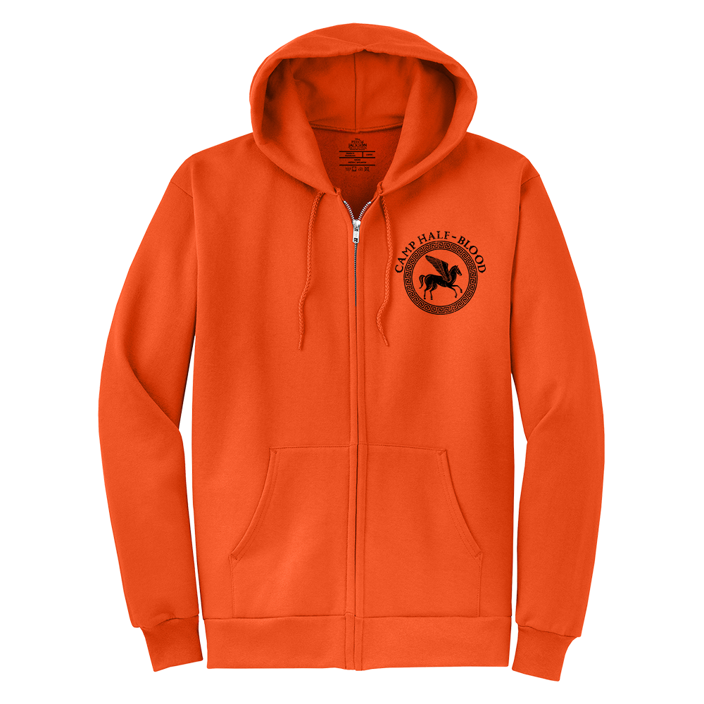 Camp Half Blood full-zip hoodie shown from the front in solid orange with two pockets and a metal zipper