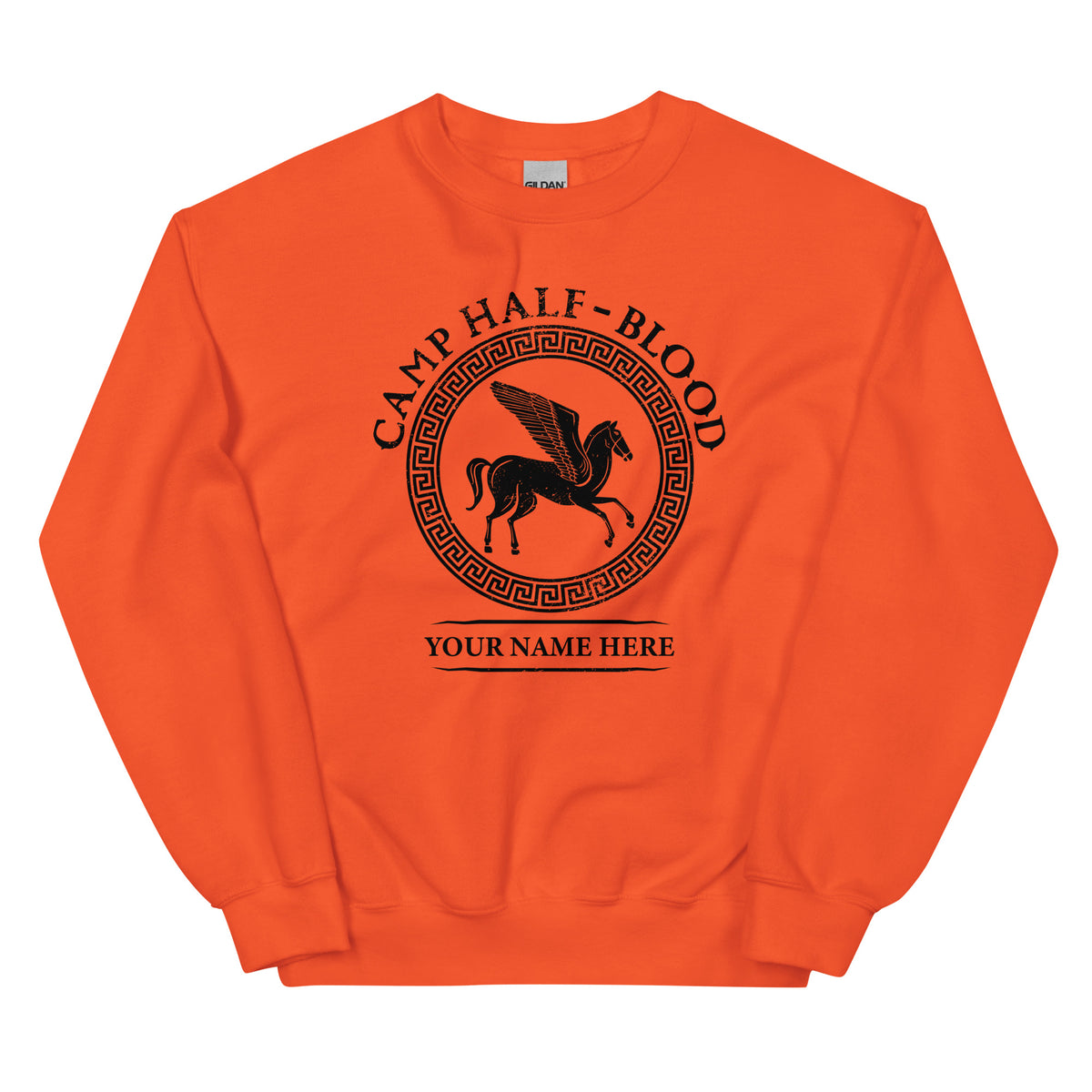 Orange personalized Camp Half-Blood sweatshirt front view displaying the classic Pegasus emblem
