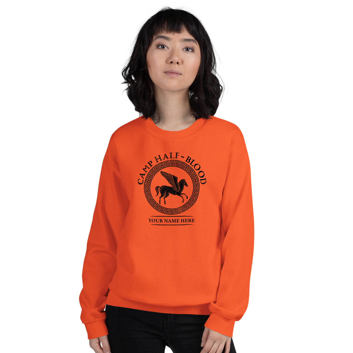 Side angle view of the personalized Camp Half-Blood sweatshirt