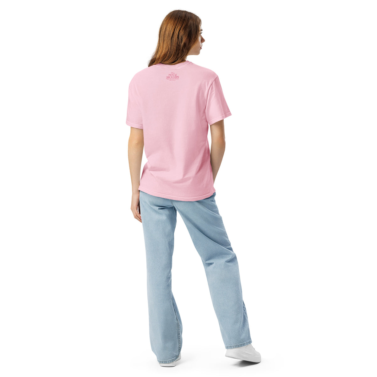 Close-up of the fabric texture and garment-dyed finish on the Blossom pink t-shirt