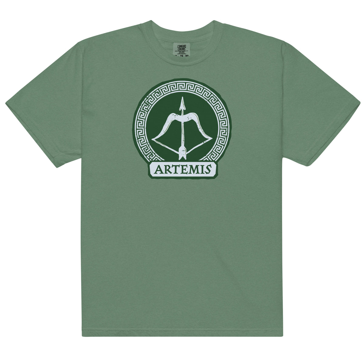 Percy Jackson Artemis Comfort Colors t-shirt front view on a light green background