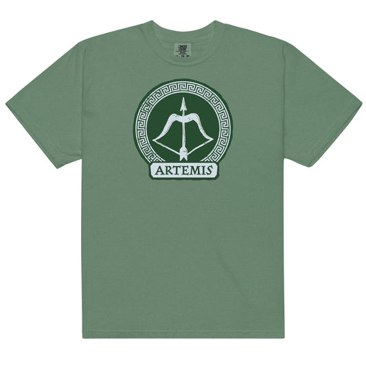 Percy Jackson Artemis Comfort Colors t-shirt front view on a light green background