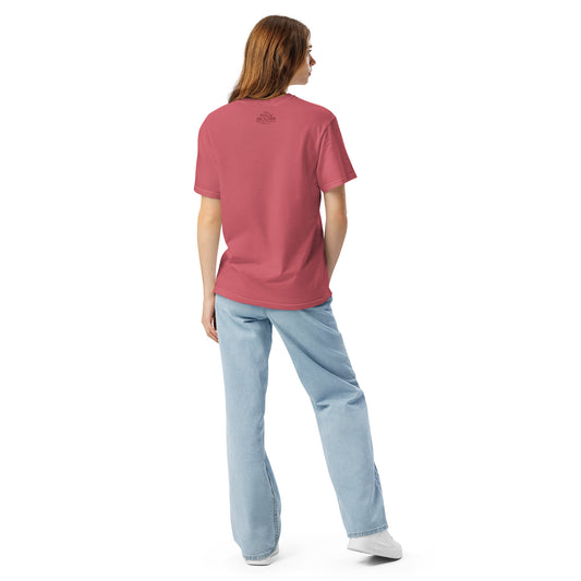 Back view of the watermelon pink Hephaestus t-shirt showing plain garment-dyed cotton fabric