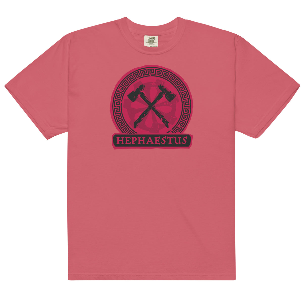 Watermelon pink crewneck t-shirt featuring a bold Hephaestus cabin graphic centered on the front chest