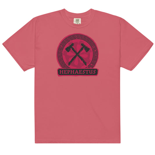 Watermelon pink crewneck t-shirt featuring a bold Hephaestus cabin graphic centered on the front chest