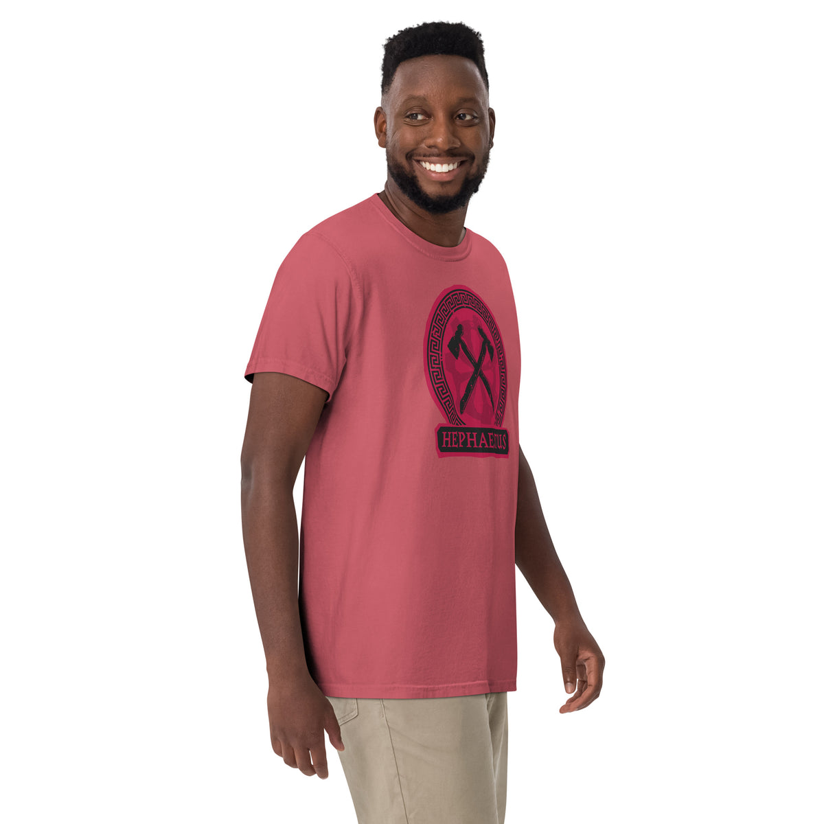 Black crewneck t-shirt featuring the Hephaestus cabin graphic centered on the front chest