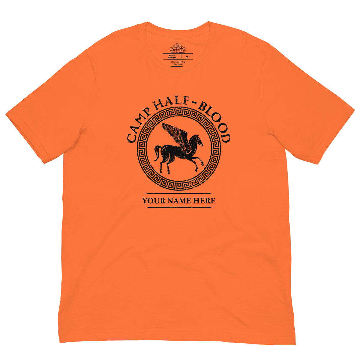 Orange Camp Half-Blood t-shirt featuring the classic camp logo on the front chest