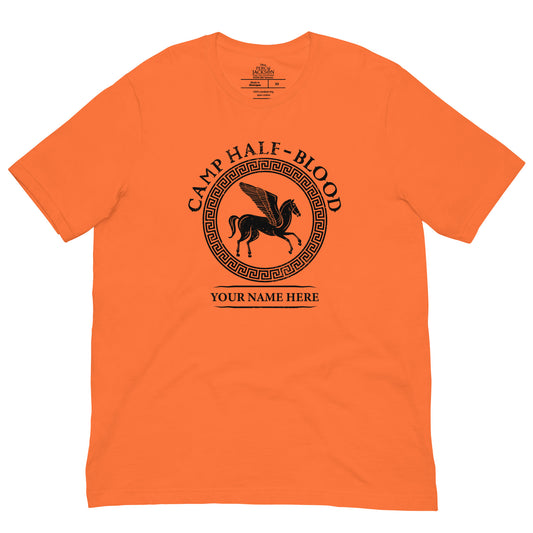 Orange Camp Half-Blood t-shirt featuring the classic camp logo on the front chest