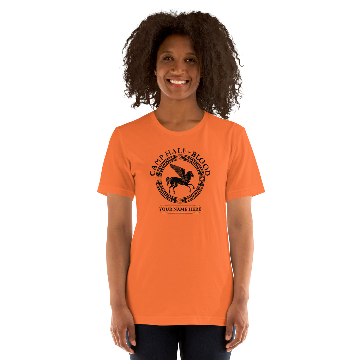 Back view of the plain orange Camp Half-Blood crewneck t-shirt
